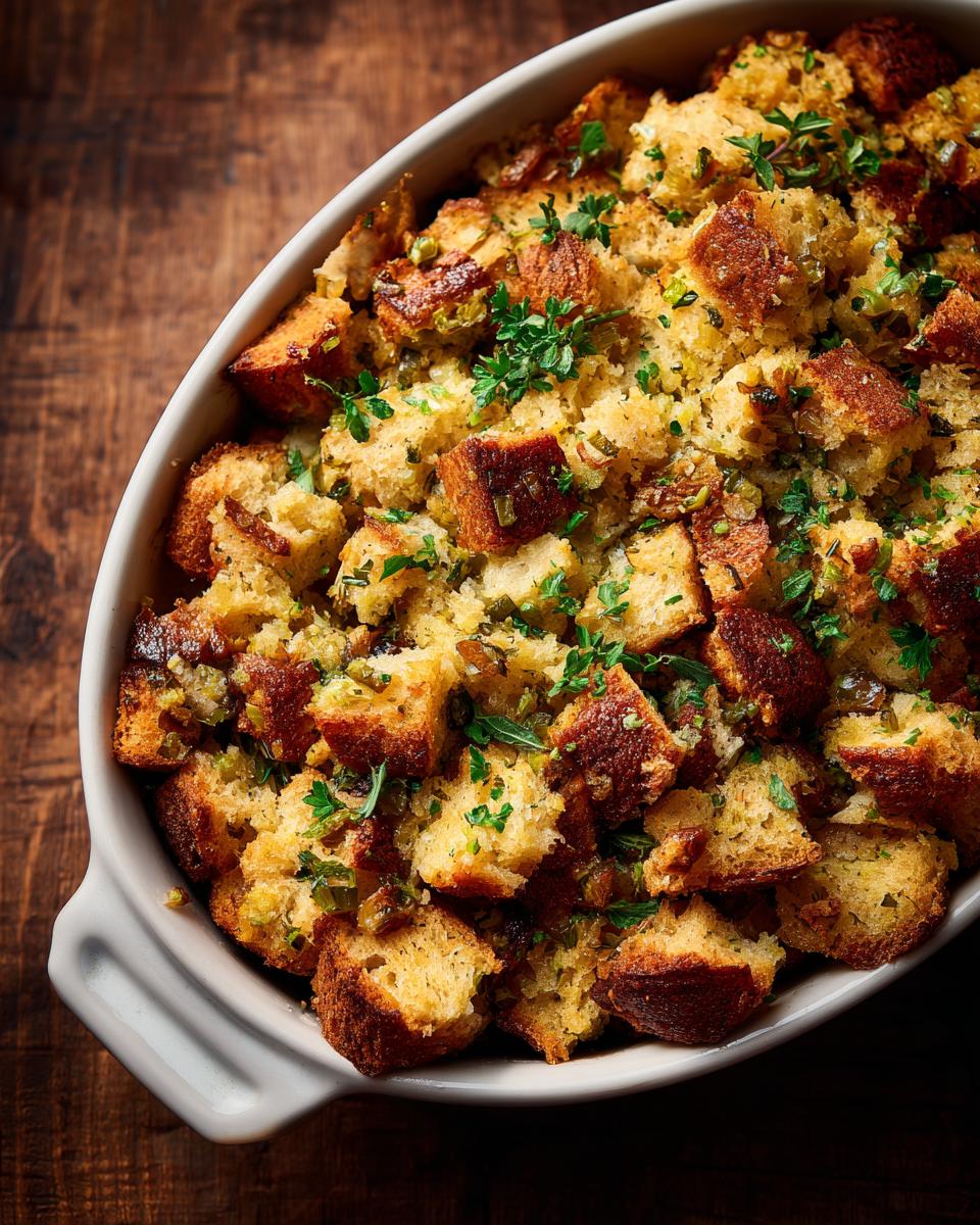 Overhead view of golden brown Buttery Herb Stuffing in a white baking dish, garnished with herbs.