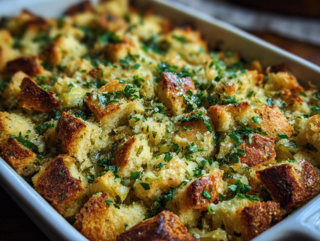 Close-up of freshly baked Buttery Herb Stuffing with golden-brown bread cubes and fresh herbs in a white baking dish.