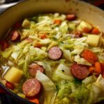 A pot of comforting cabbage boil, featuring cabbage, sausage, potatoes, and carrots in a savory broth.