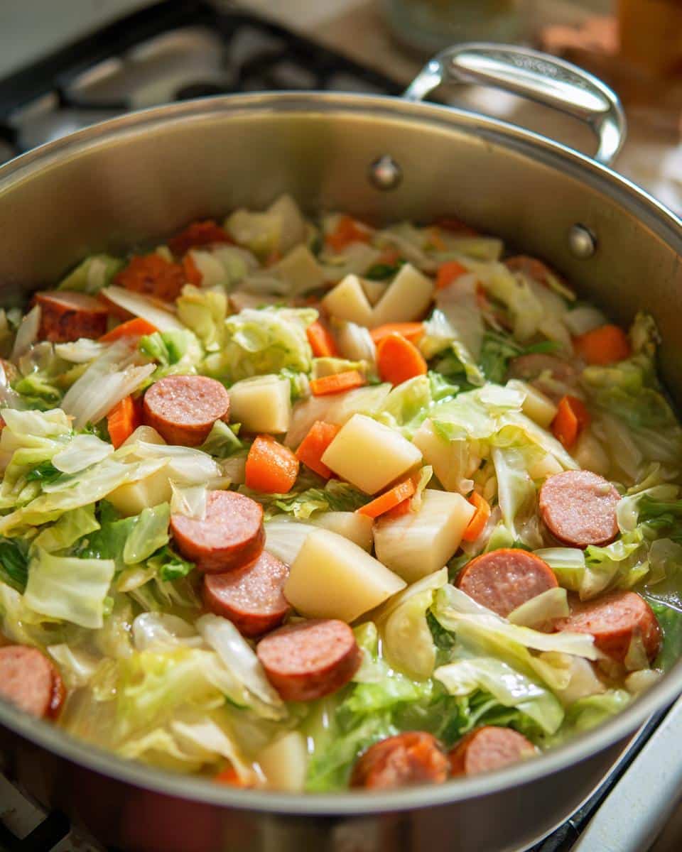 A pot of hearty Cabbage Boil with cabbage, sausage, potatoes, and carrots, simmering on the stovetop.