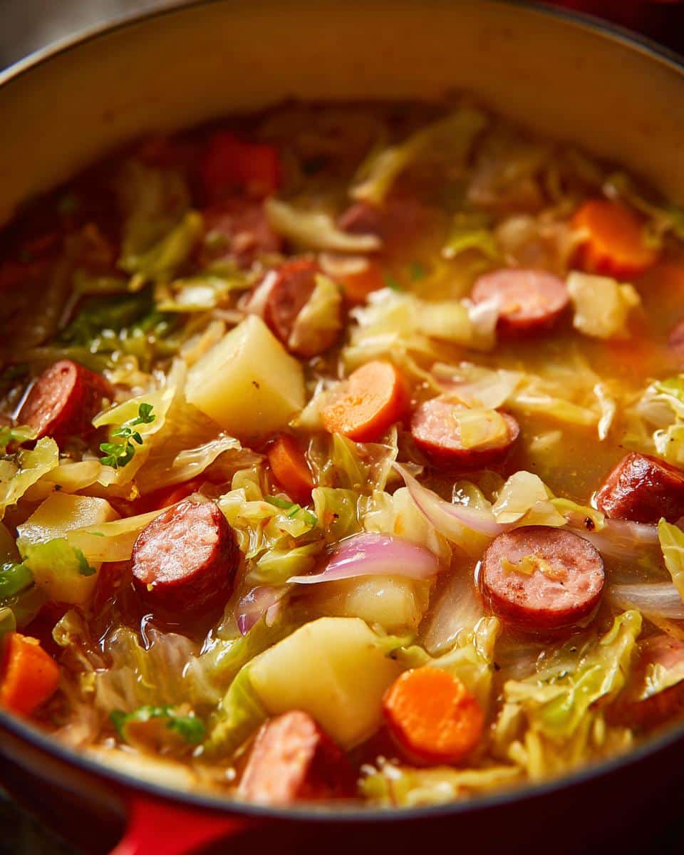 Close-up of a pot of Cabbage Boil featuring cabbage, sausage, potatoes, and carrots in a flavorful broth.
