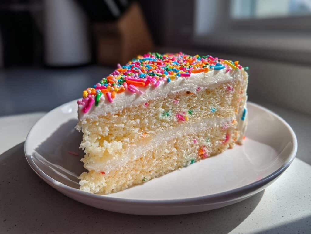A slice of cake doodle with white frosting and colorful sprinkles on a white plate.