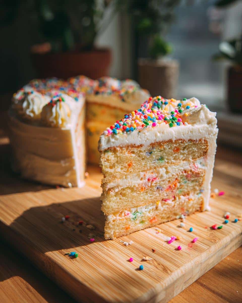 A slice of cake doodle with white frosting and colorful sprinkles, sitting on a wooden board.