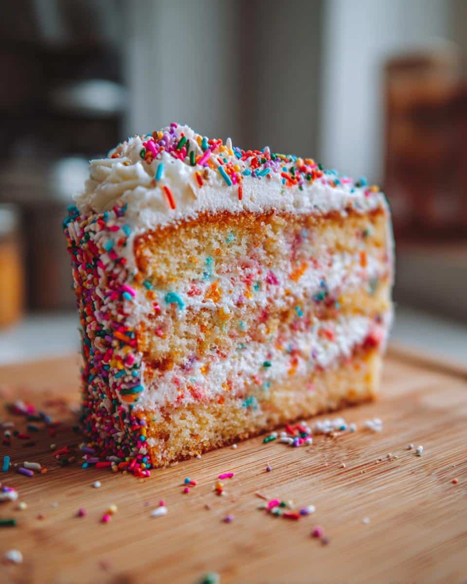 A slice of colorful cake doodle with white frosting and rainbow sprinkles on a wooden board.
