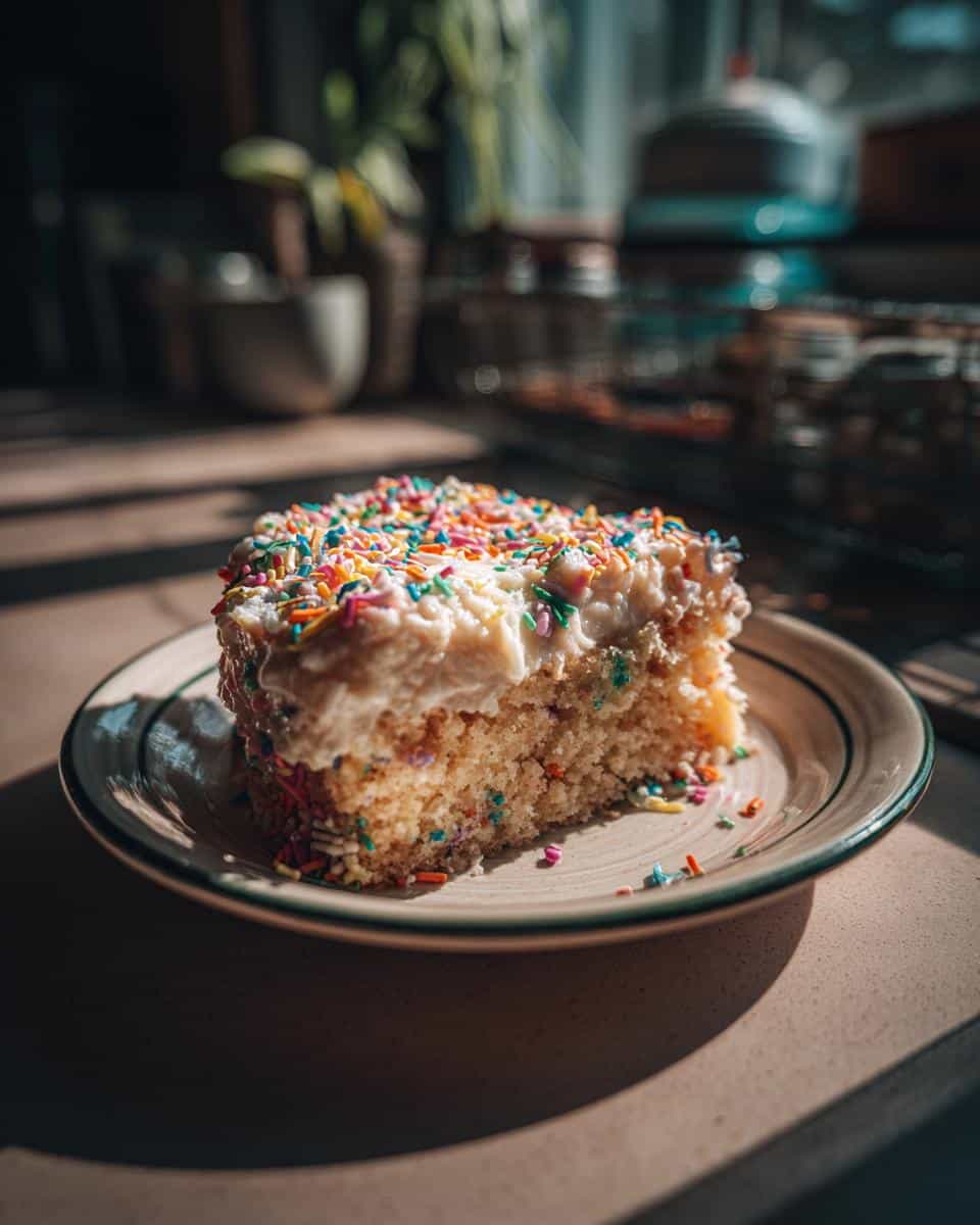 A slice of cake doodle topped with white frosting and colorful sprinkles on a plate, ready to eat.