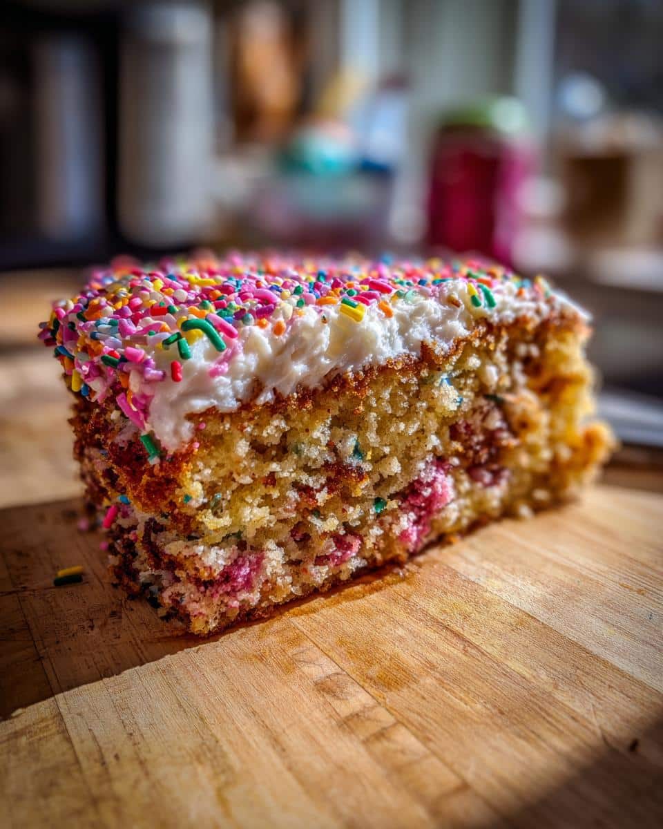 A slice of cake doodle with white frosting and colorful sprinkles on a wooden board.
