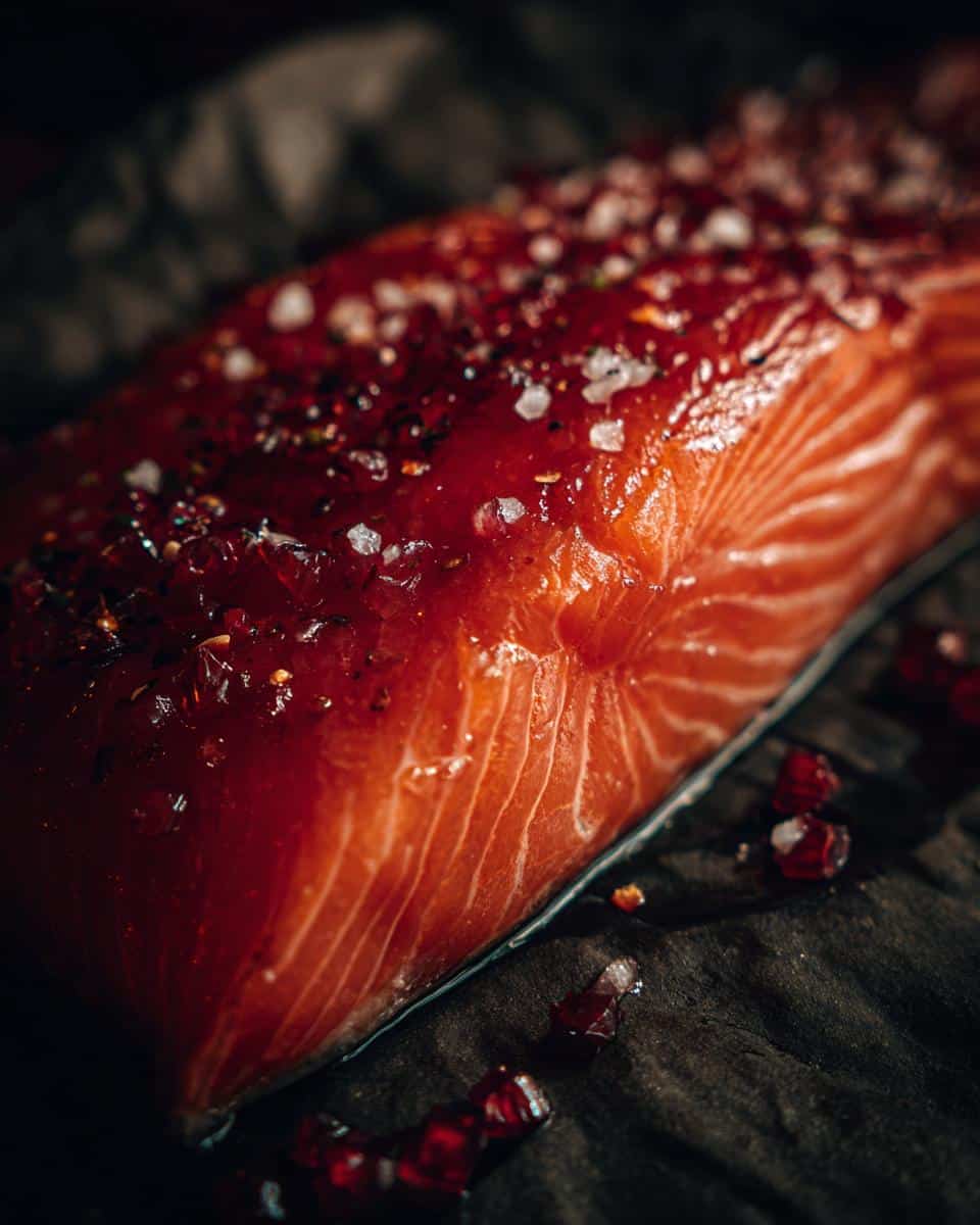 A close-up of glazed Candied Salmon, seasoned with salt and pepper, on dark paper.