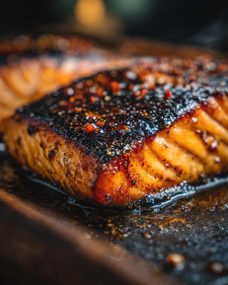 A close-up shot of a piece of Candied Salmon, showcasing its glazed texture and rich color.