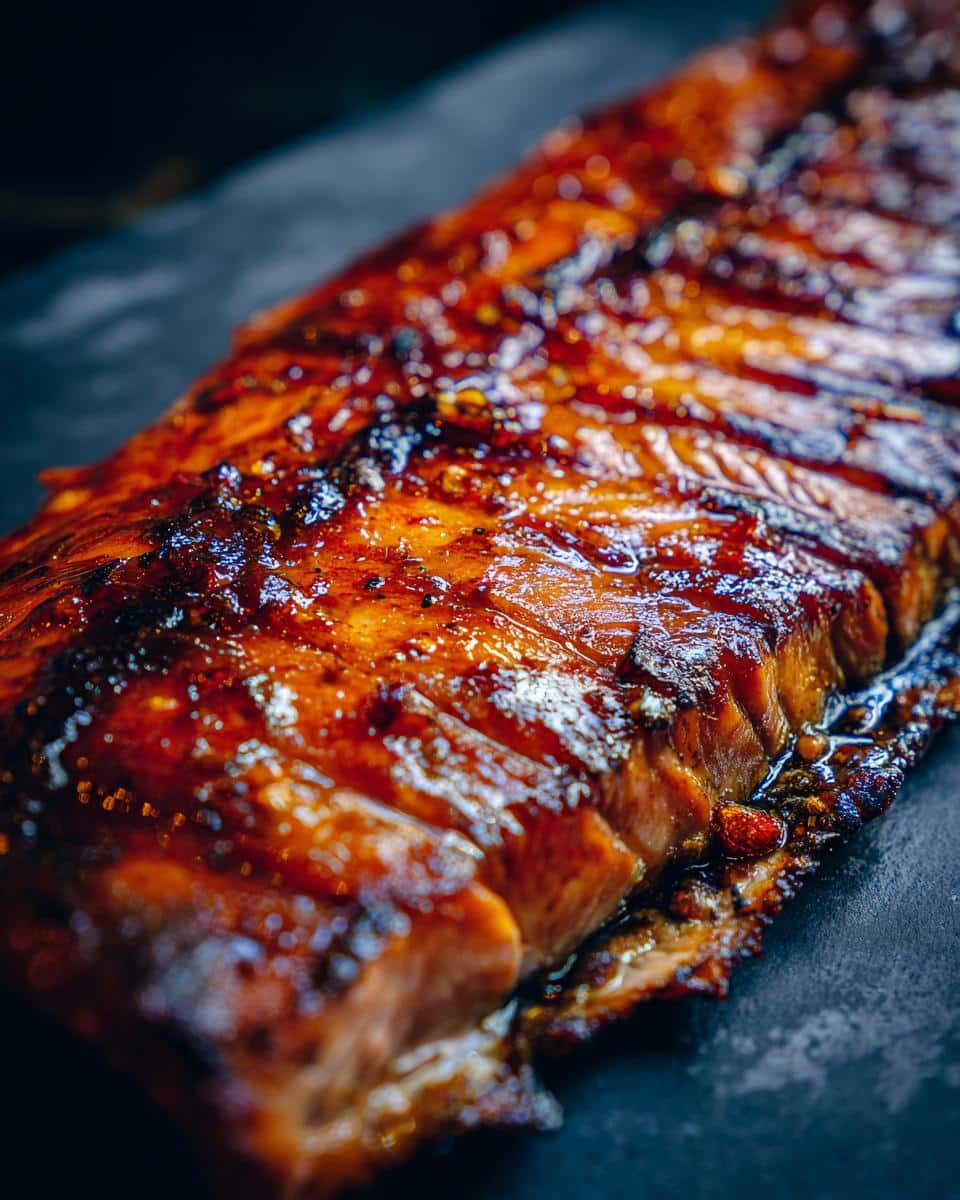 Close-up of a glazed Candied Salmon fillet on a dark surface, showcasing its rich color and texture.