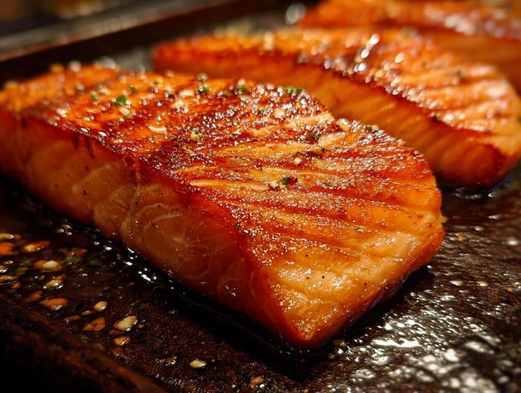 Close-up of glistening Candied Salmon fillets on a dark serving dish, showing the glaze and texture.