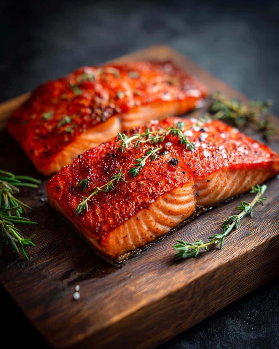 Two fillets of glazed Candied Salmon on a dark wood board, garnished with fresh thyme.
