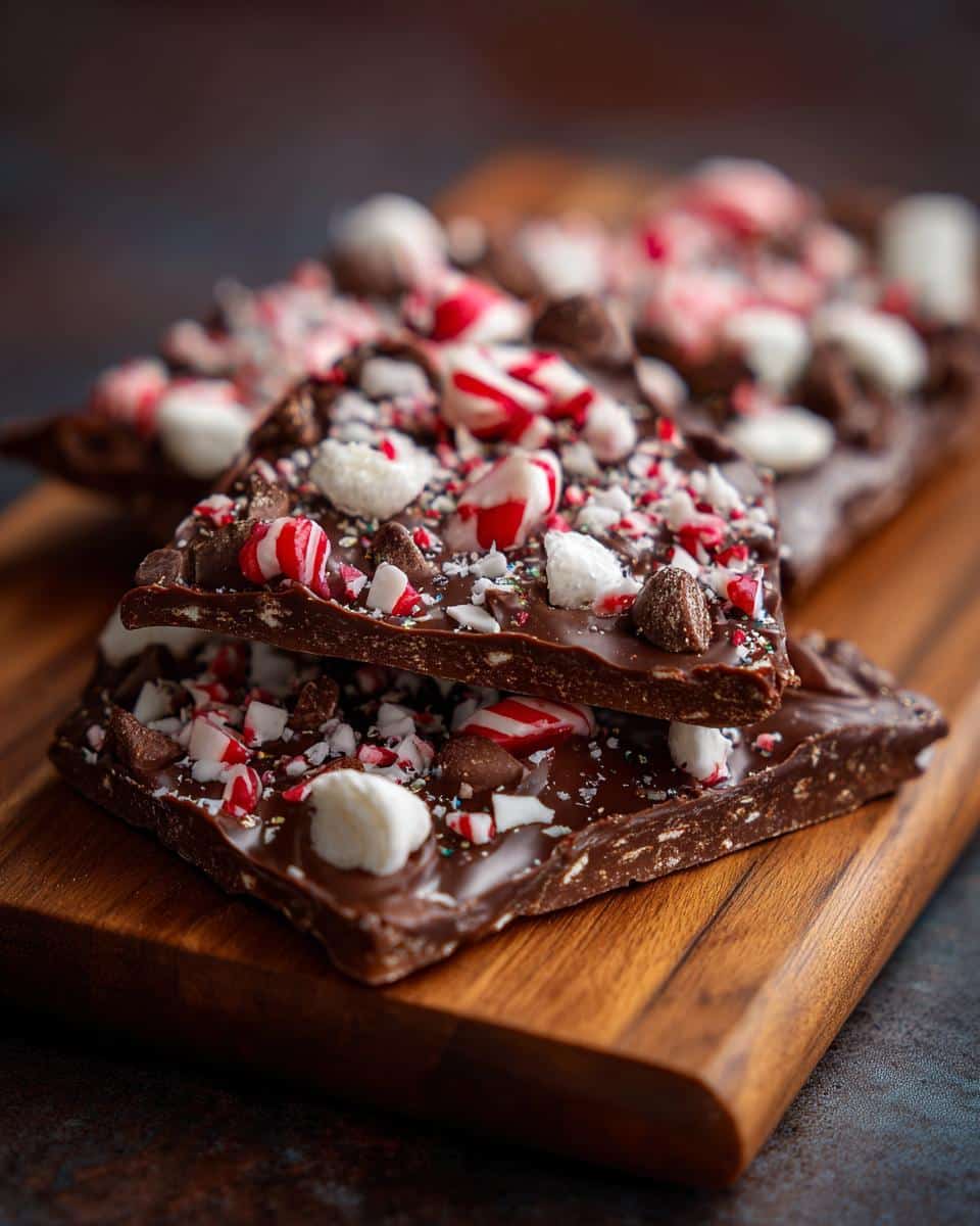 Close-up of stacked pieces of Candy Cane Chocolate Bark, topped with crushed candy canes, marshmallows, and sprinkles.