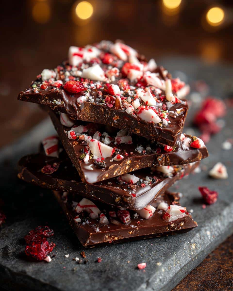 Stack of homemade Candy Cane Chocolate Bark pieces on a slate board.