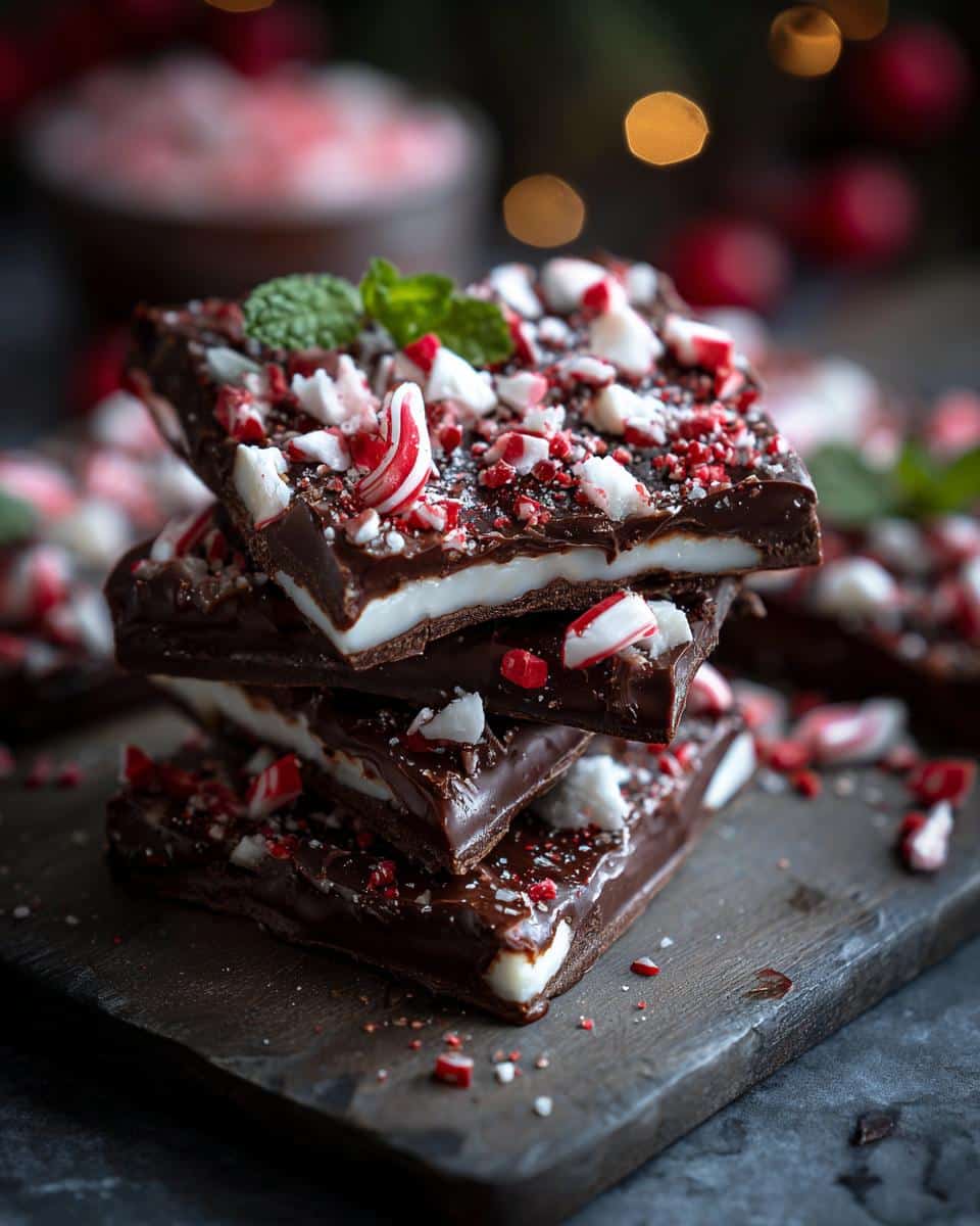A stack of homemade Candy Cane Chocolate Bark pieces on a wooden board, topped with crushed candy canes and mint.