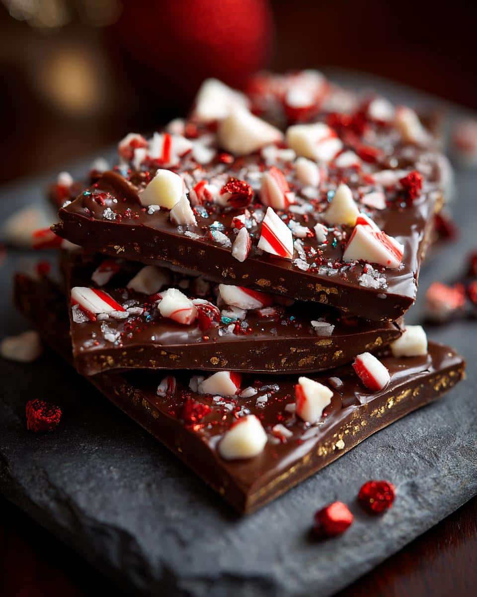 A stack of homemade Candy Cane Chocolate Bark, topped with crushed candy canes and white chocolate pieces.