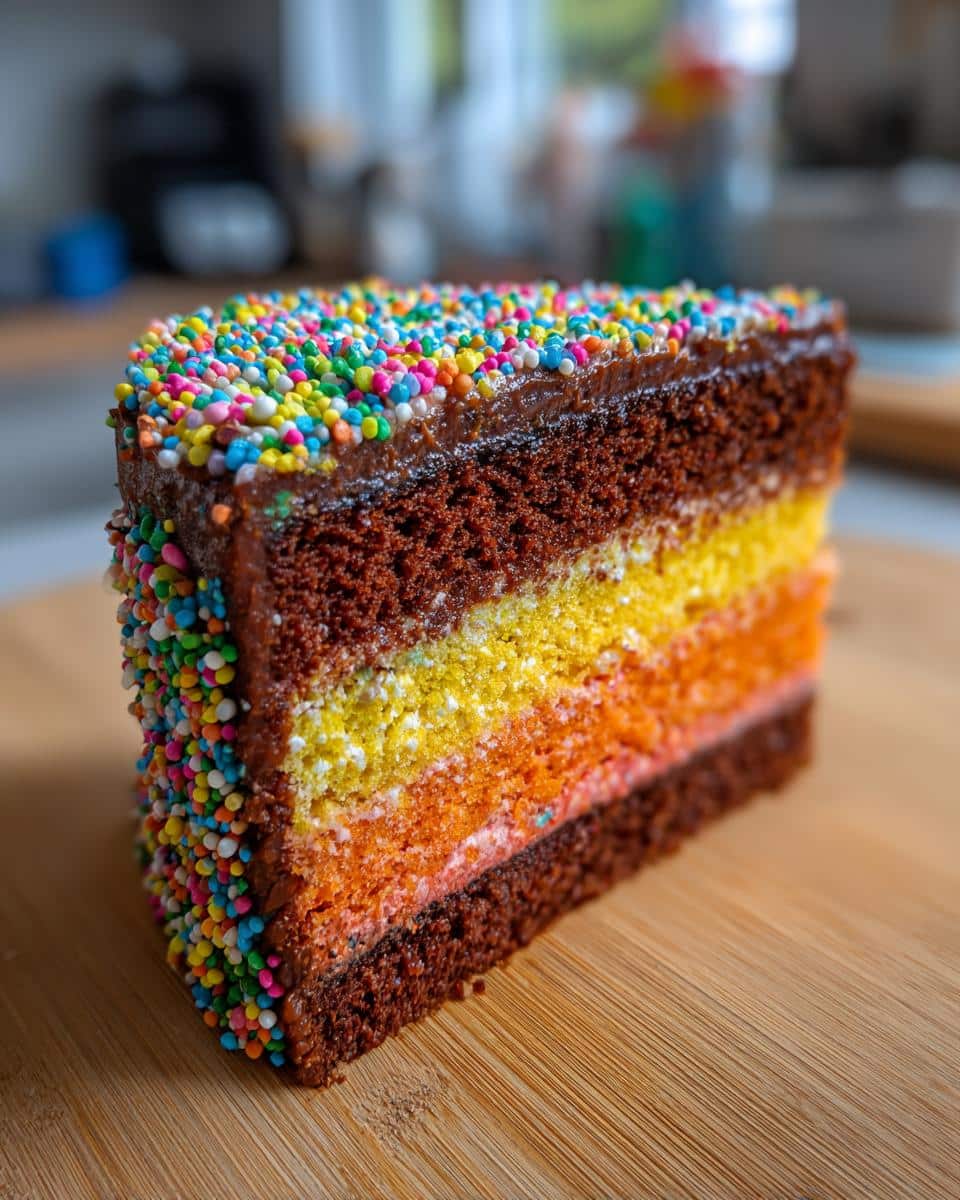 A slice of Capricorn cake with rainbow layers, chocolate frosting, and colorful sprinkles.
