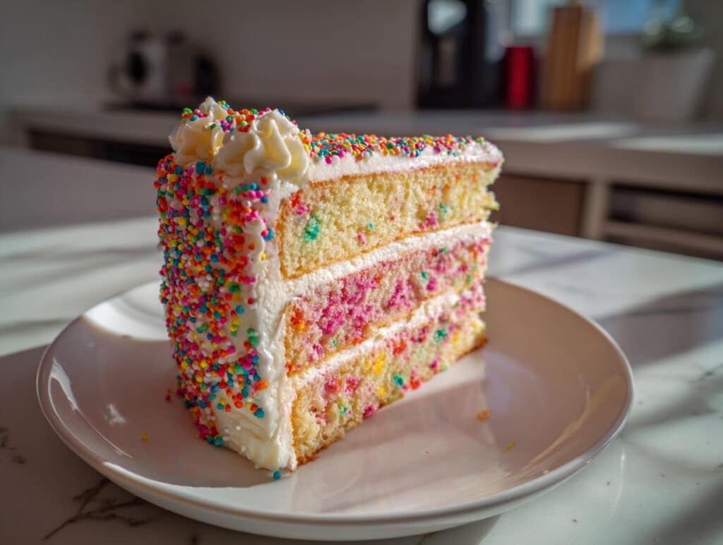 A slice of Capricorn cake with layers of colorful cake, white frosting, and rainbow sprinkles.