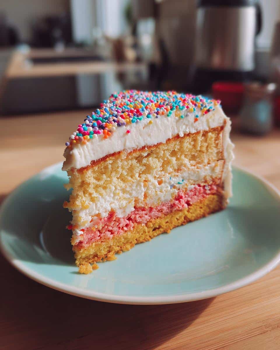 A delicious slice of Capricorn cake with layers of frosting and sprinkles, served on a blue plate.