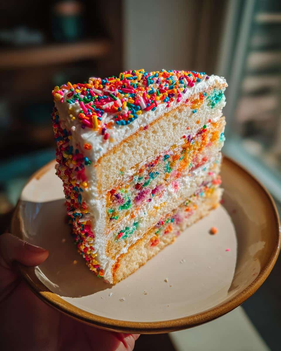 A slice of Capricorn cake with white frosting and colorful sprinkles, showcasing the layered cake design.