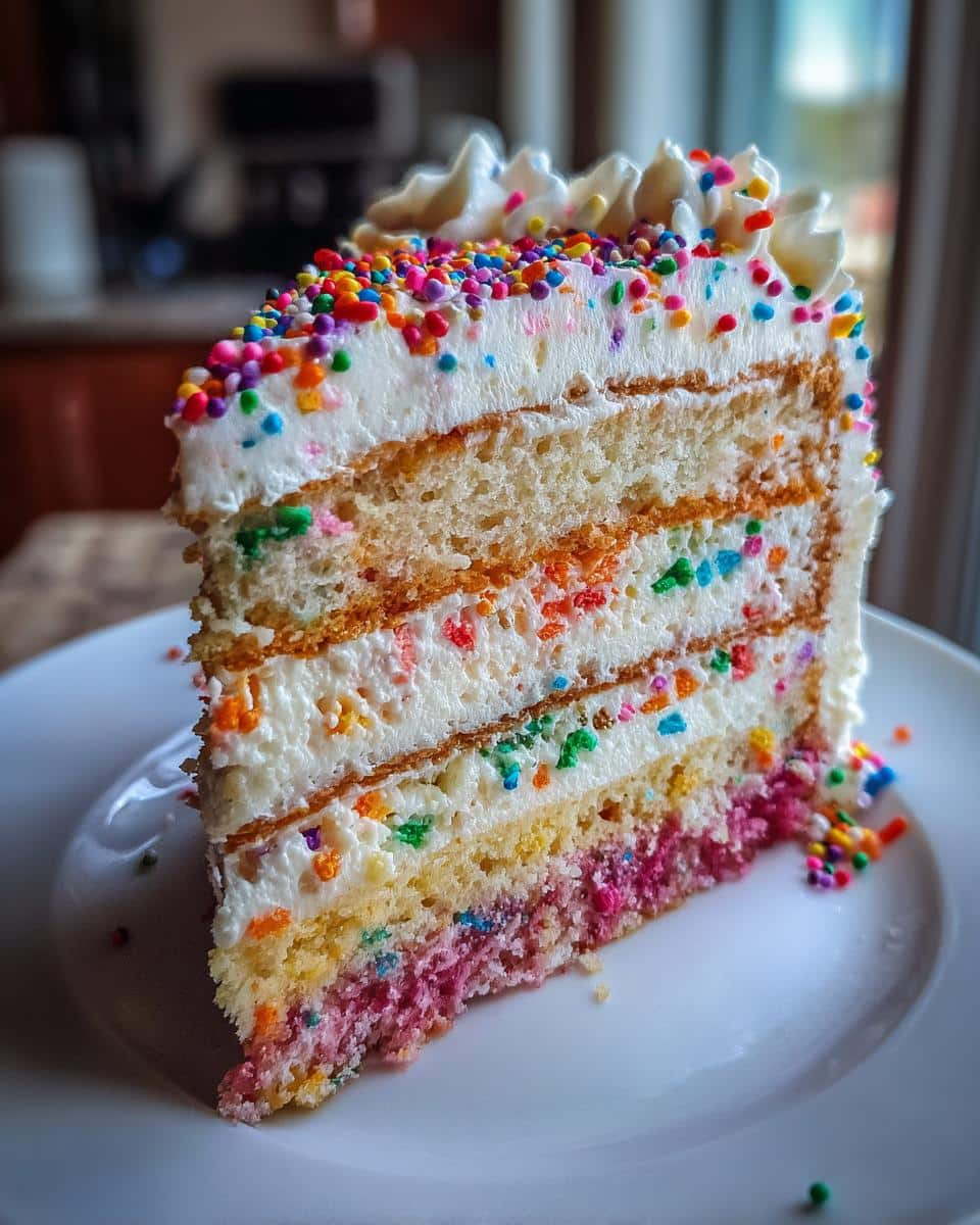 A slice of layered Capricorn cake with white frosting and colorful sprinkles on a white plate.