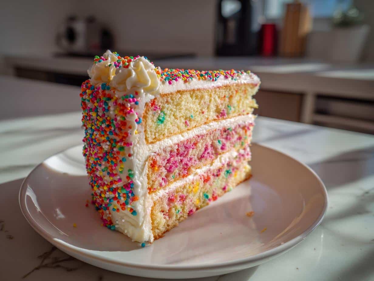 A slice of Capricorn cake with layers of colorful cake, white frosting, and rainbow sprinkles.