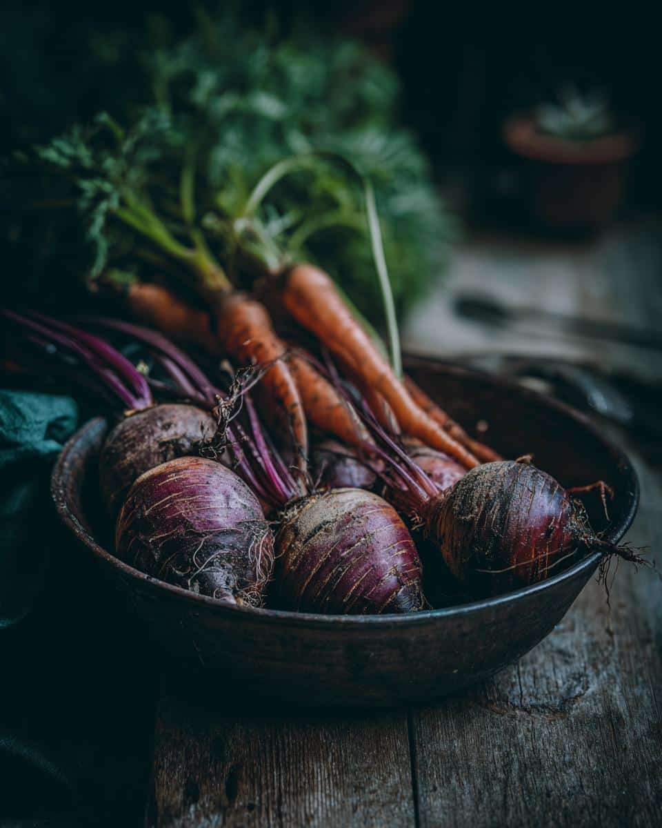 Bowl of fresh carrots and beets, ingredients for hearty winter soup recipes, on a rustic wooden table.