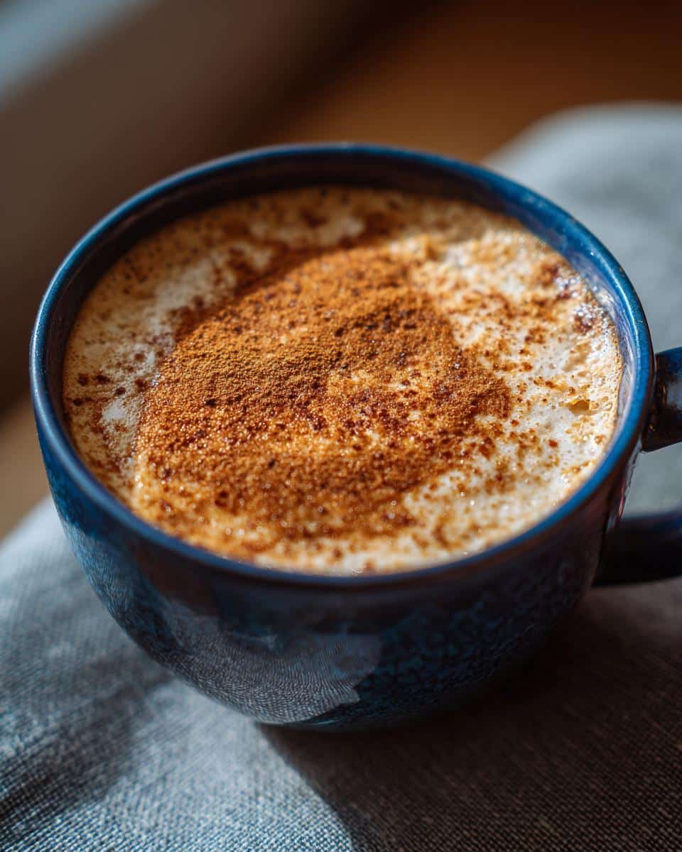 Close-up of a Cereal Milk Latte in a blue mug, topped with sprinkled cinnamon.