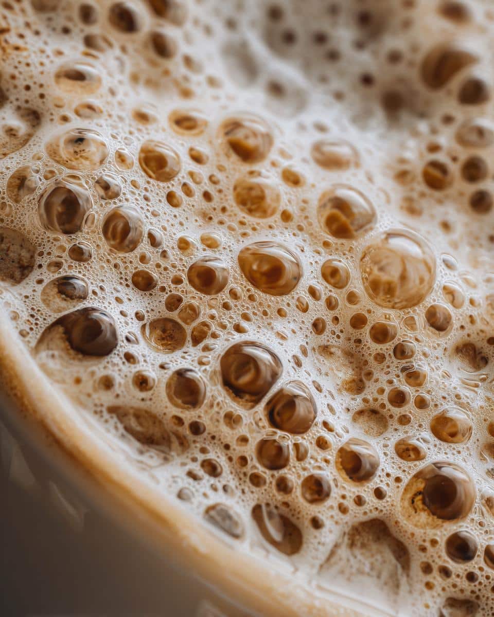 A close-up shot of the foamy top of a Cereal Milk Latte, showing the texture and bubbles.