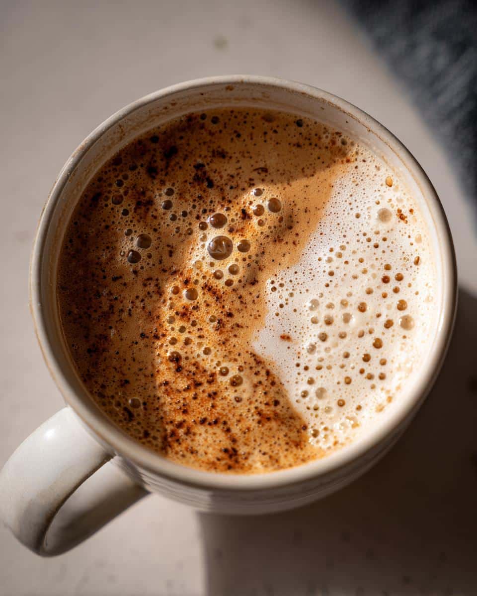 Overhead view of a frothy Cereal Milk Latte in a white mug, showing the creamy texture and bubbly surface.