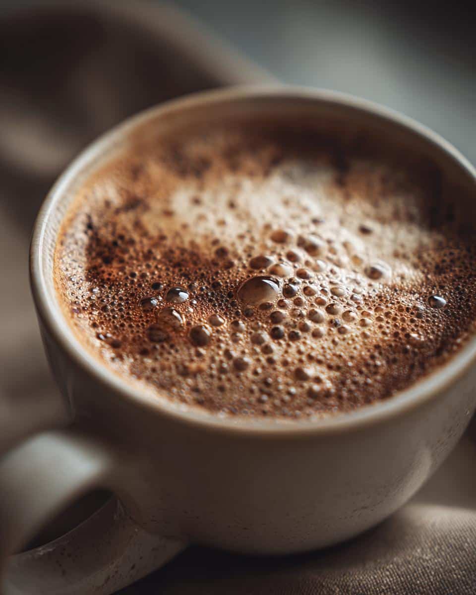 Close-up of a frothy Cereal Milk Latte in a white mug, showing the creamy texture and bubbles.