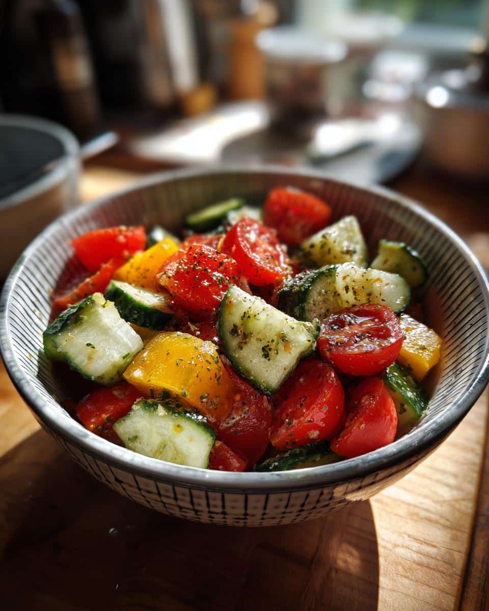 A vibrant bowl of Checkerboard Salad with tomatoes, cucumbers, and yellow bell peppers.
