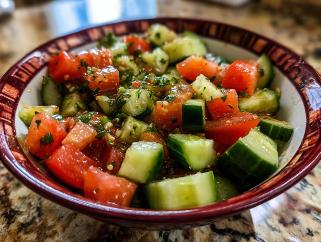 Close-up of a vibrant Checkerboard Salad with diced tomatoes, cucumbers, and herbs in a decorative bowl.