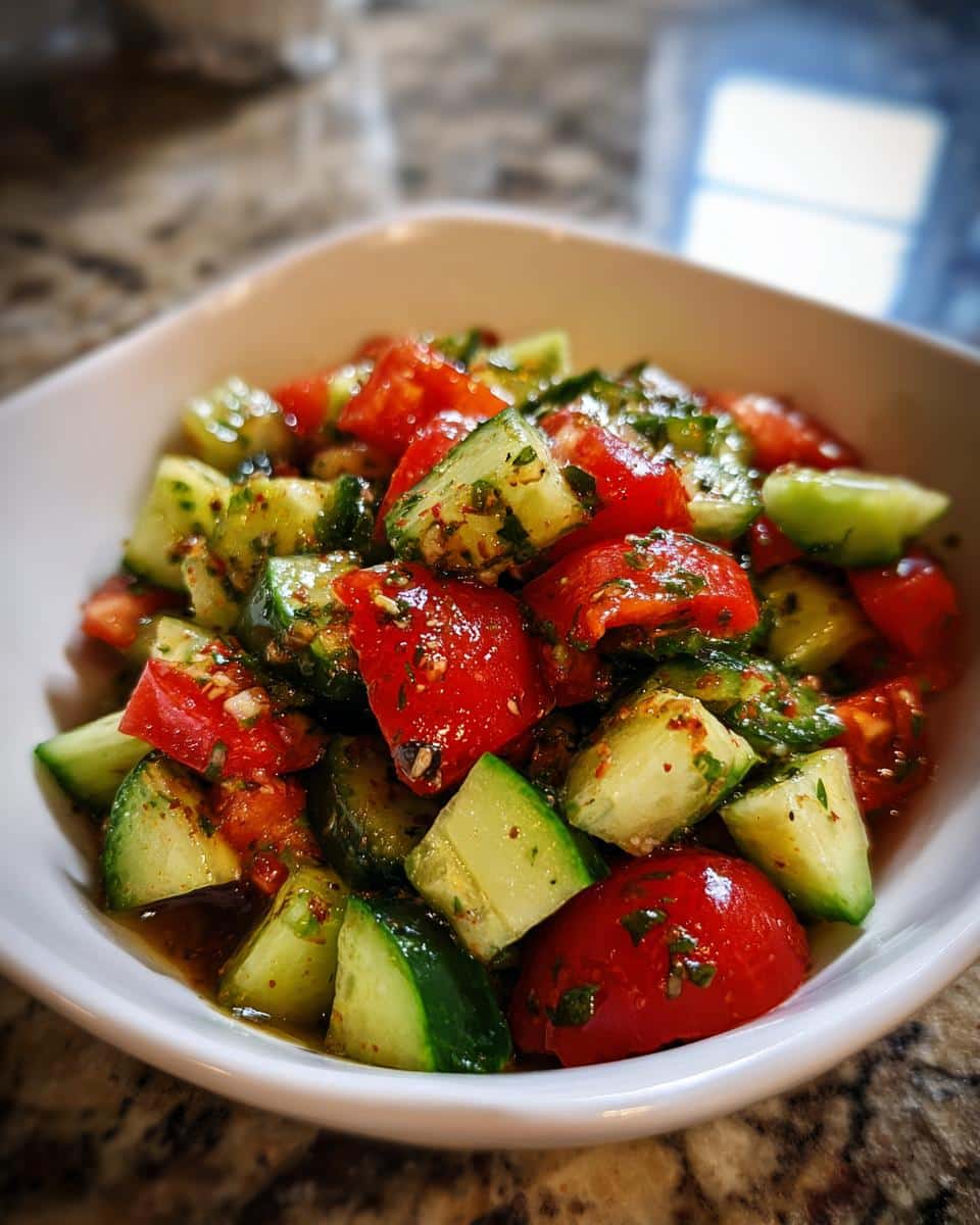 A bowl of vibrant Checkerboard Salad with tomatoes, cucumbers, and herbs in a light dressing.