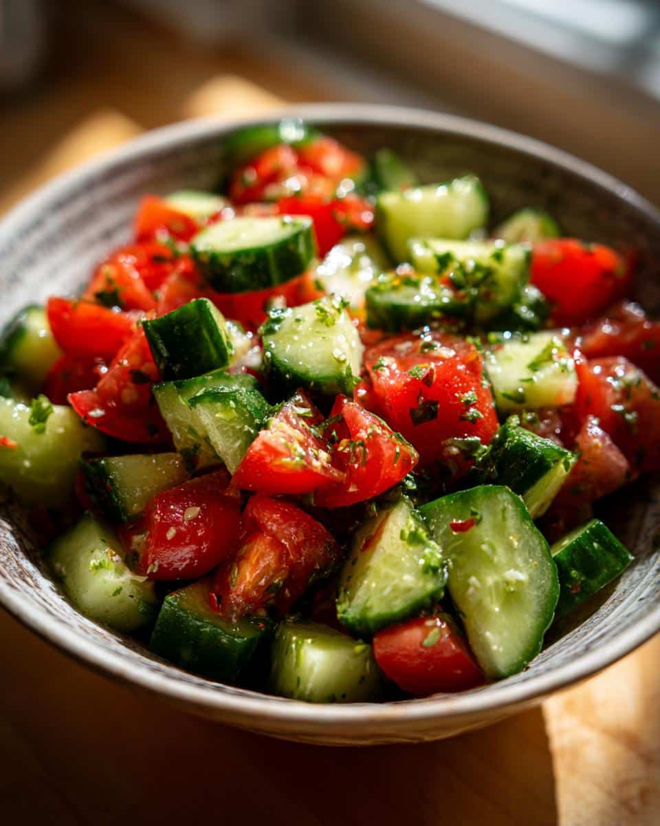 Close-up of a vibrant Checkerboard Salad with diced tomatoes and cucumbers in a bowl, seasoned with herbs.