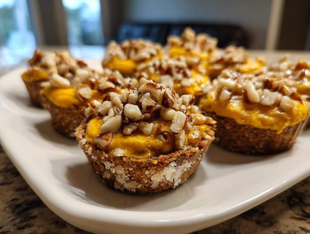 Close-up of Cheese & Cracker Pumpkin Pies on a white plate, topped with chopped nuts. A delicious fall treat.