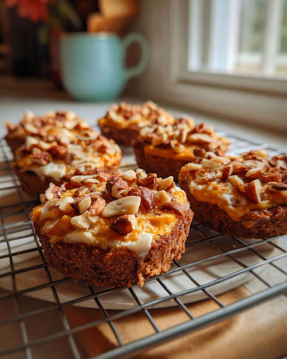 Several Cheese & Cracker Pumpkin Pies cooling on a wire rack, topped with nuts.