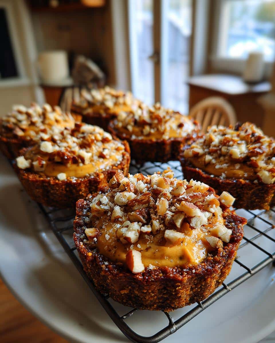 Close-up of Cheese & Cracker Pumpkin Pies topped with chopped nuts on a wire rack.