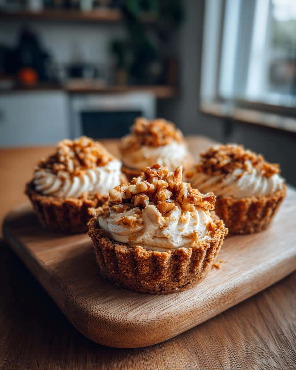 Four Cheese & Cracker Pumpkin Pies topped with walnuts, arranged on a wooden board.