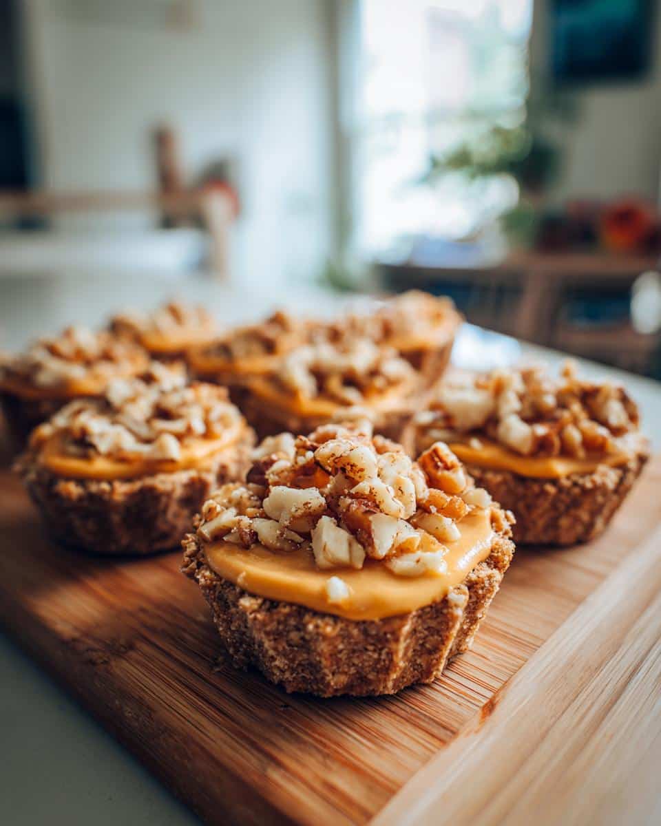 Several Cheese & Cracker Pumpkin Pies on a wooden board, topped with chopped nuts.