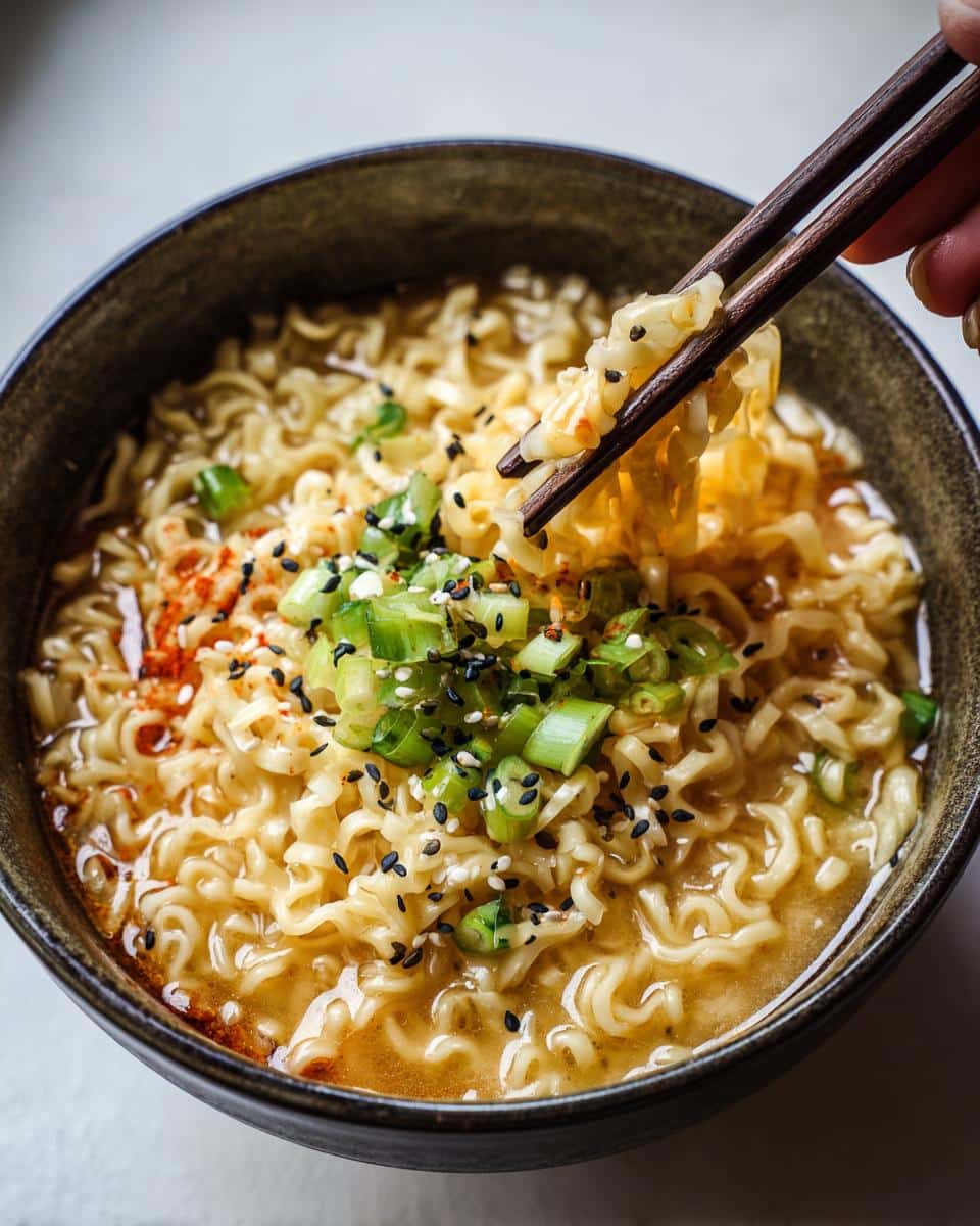 A bowl of Cheese Ramen Upgrade topped with green onions and sesame seeds, being lifted with chopsticks.