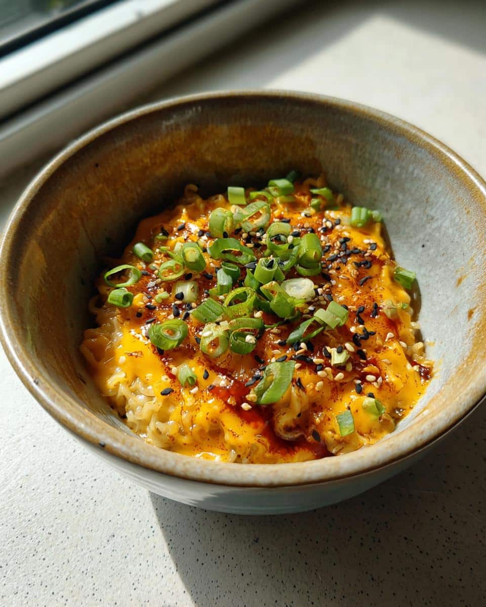 A bowl of Cheese Ramen Upgrade topped with melted cheese, green onions, and sesame seeds.