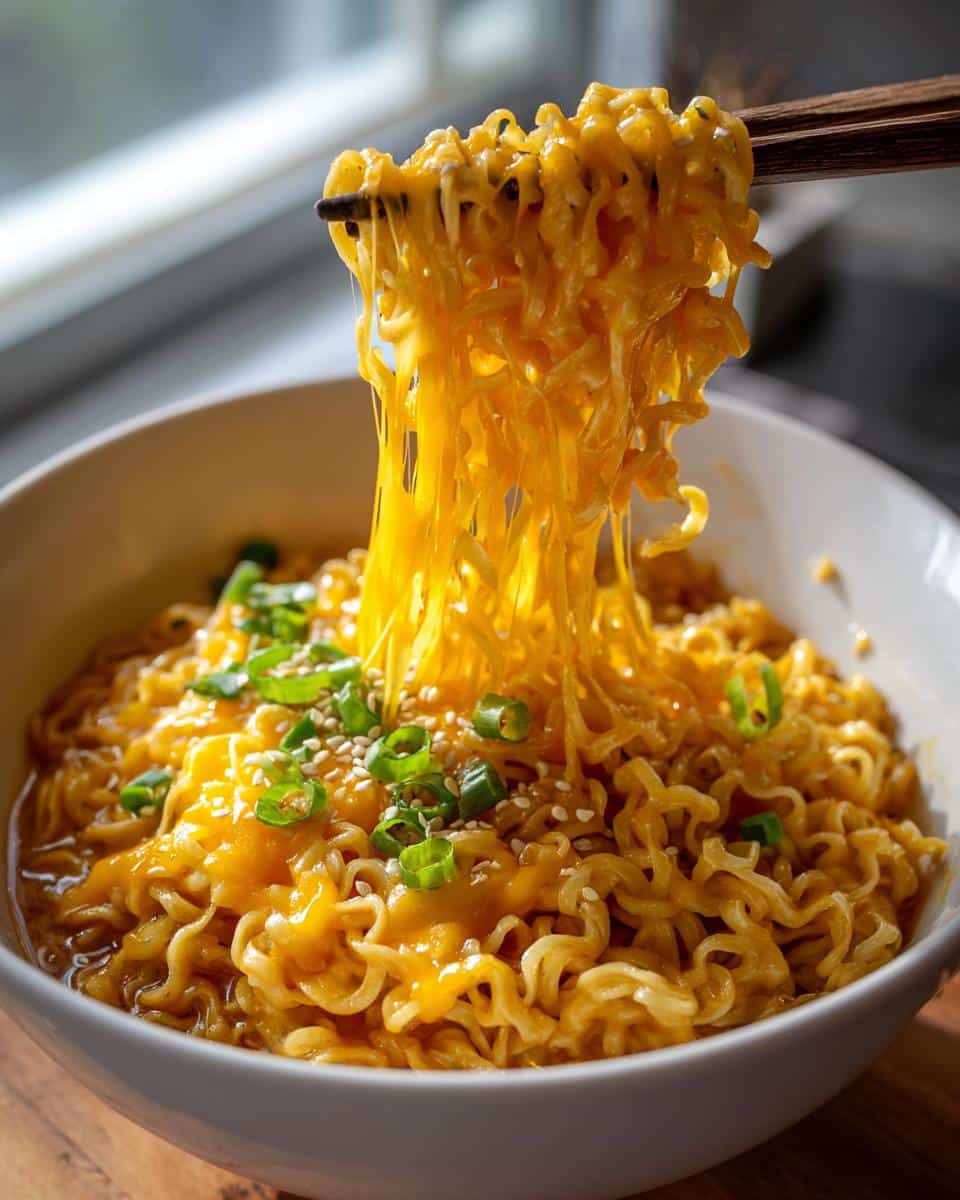 A bowl of Cheese Ramen Upgrade noodles being lifted with chopsticks, showing melted cheese and toppings.