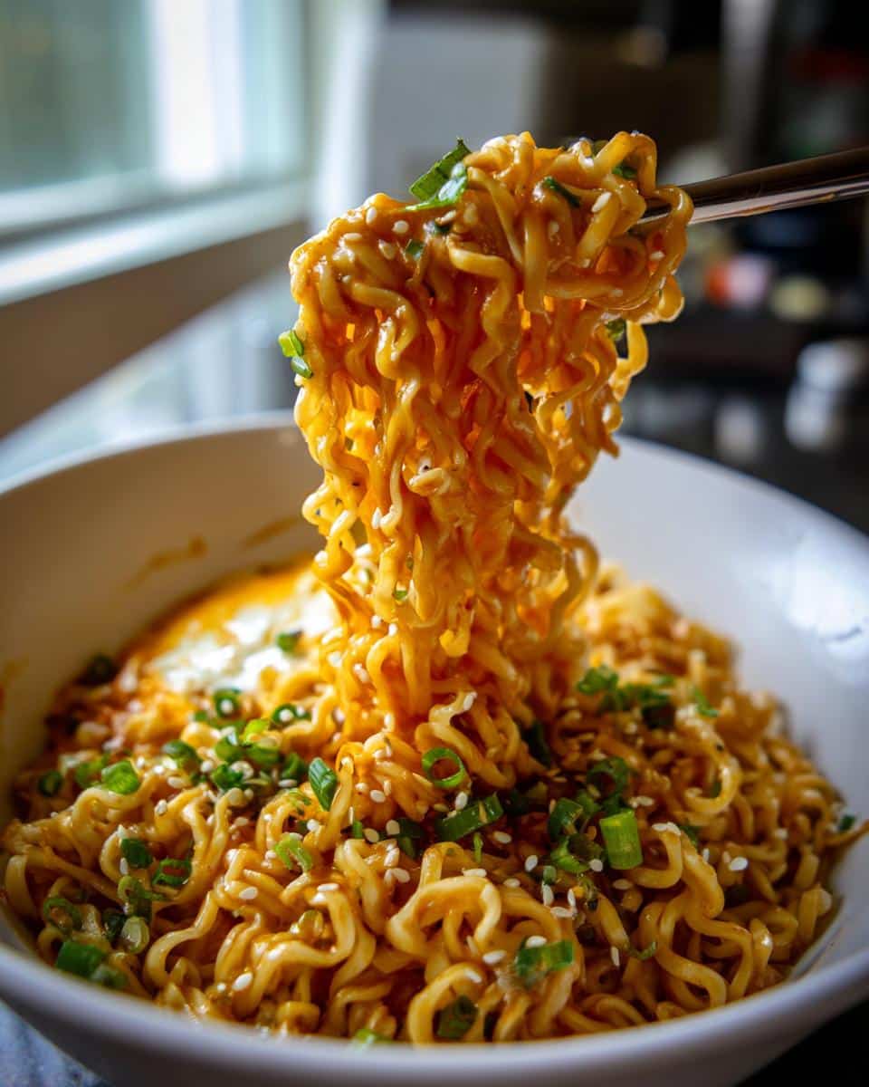 Close-up of Cheese Ramen Upgrade being lifted with chopsticks, garnished with sesame seeds and green onions.