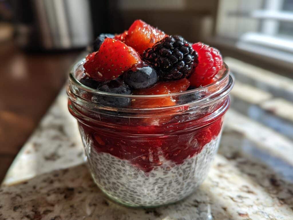 A jar of layered chia pudding topped with berry compote and fresh strawberries, blueberries, raspberries, and blackberries. Delicious Chia Pudding!