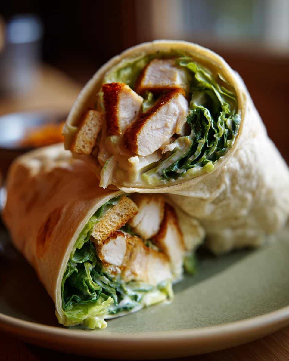 Close-up of a chicken caesar wrap, showcasing grilled chicken, romaine lettuce, croutons, and creamy caesar dressing.