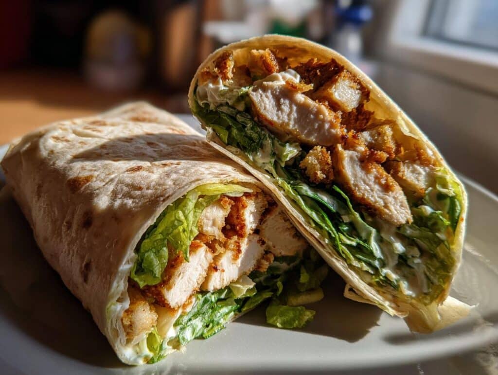 A tasty chicken caesar wrap cut in half, showcasing the chicken, lettuce, croutons, and creamy dressing filling.