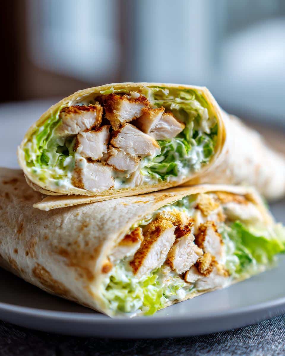 Close-up of a chicken ceasar wrap cut in half, showcasing the chicken, lettuce, and creamy dressing filling.
