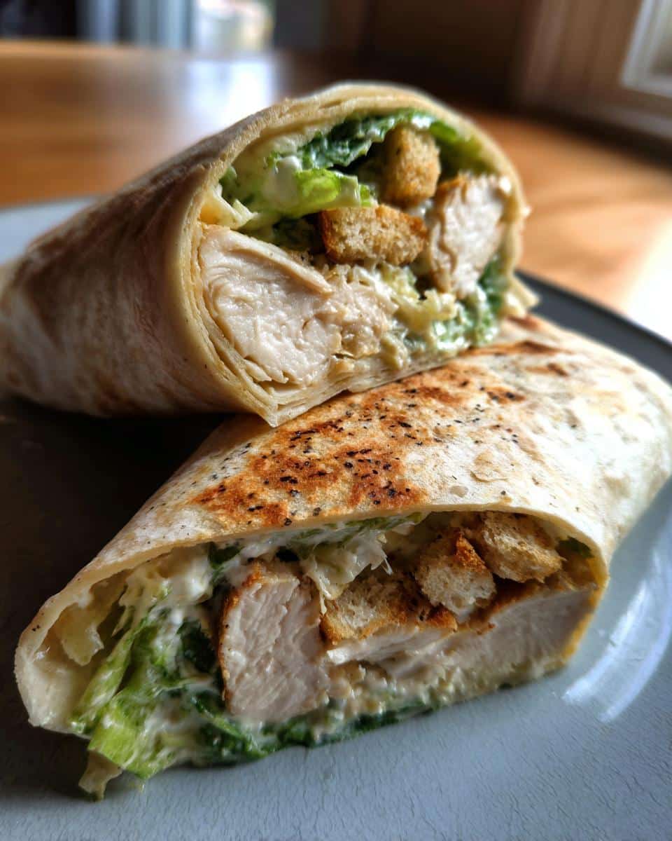 A chicken ceasar wrap cut in half, showing the chicken, lettuce, croutons, and dressing filling.
