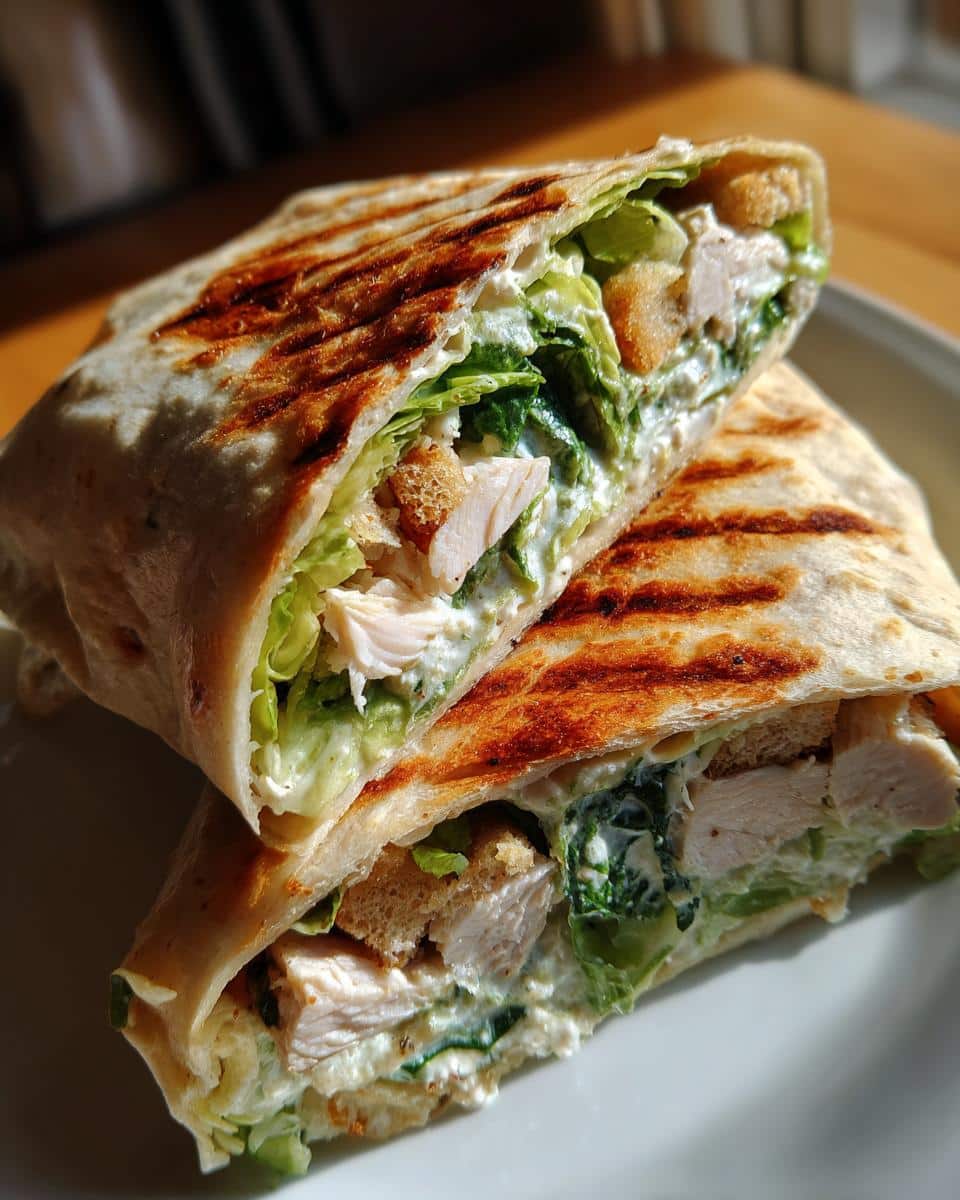 A halved chicken ceasar wrap showing layers of chicken, lettuce, croutons, and dressing in a grilled tortilla.