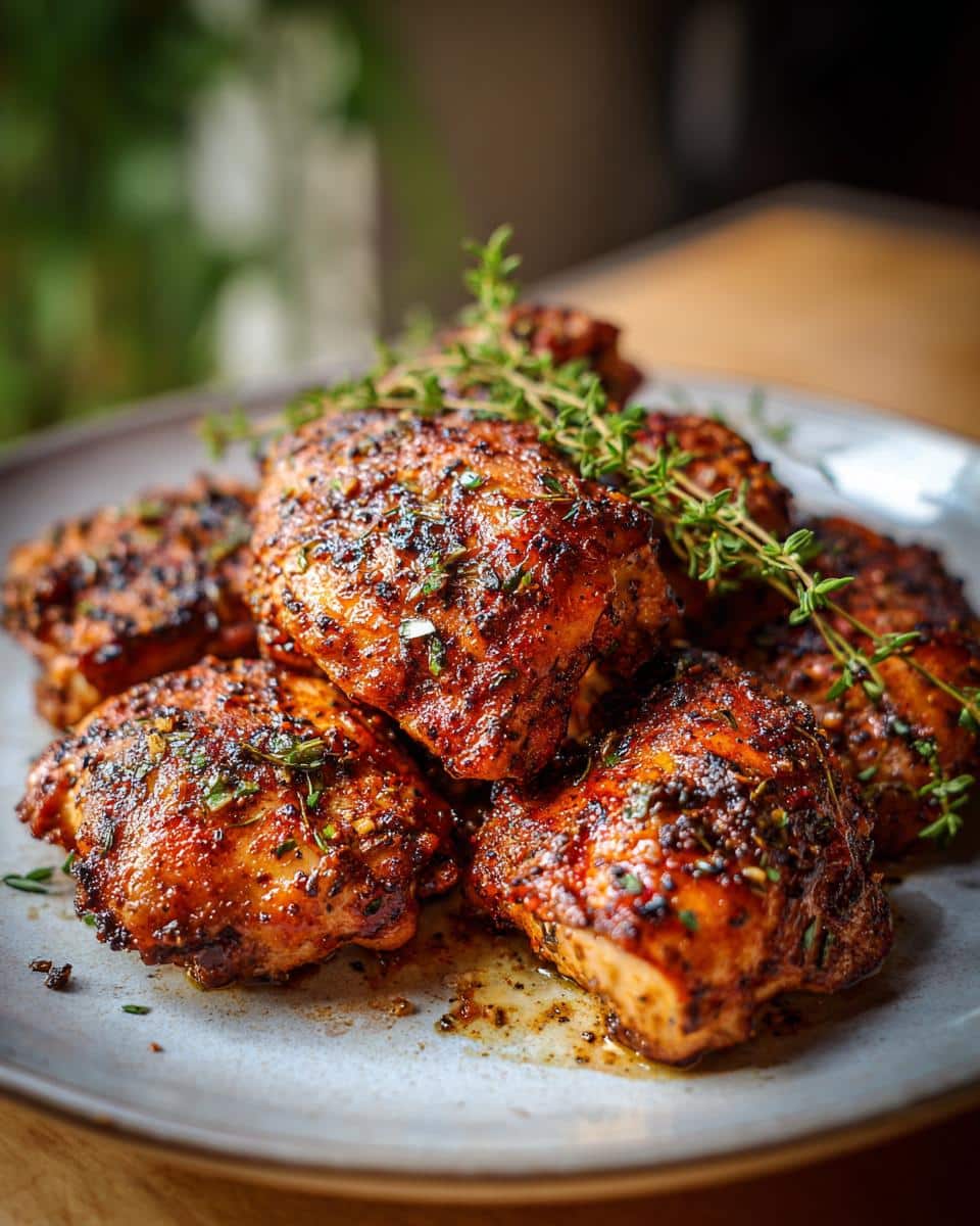 A plate of seasoned and cooked chicken thigh recipes, garnished with fresh thyme.